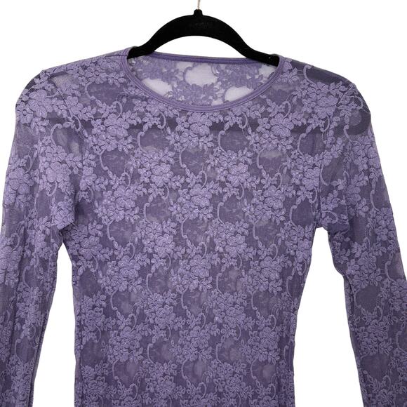 American Apparel M/L Bodycon Dress Vintage Purple Floral Lace Mesh Sheer Stretch - Picture 3 of 13